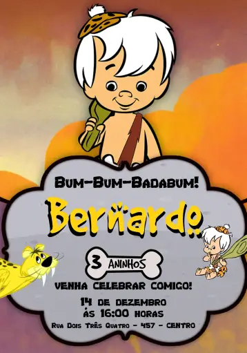 Convite Bambam Flintstones Preto editável e personalizável