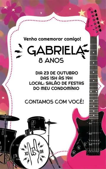 Convite Banda de Rock Chicas Instrumentos para cumpleaños temático de rock para chicas. – tema más buscados (vibrante, moderno, musical, colorido, rock n roll, divertido)