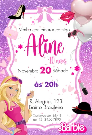 Convite Barbie para aniversário infantil – tema aniversário infantil (rosa, brilhoso, temático, divertido, colorido, feminino)