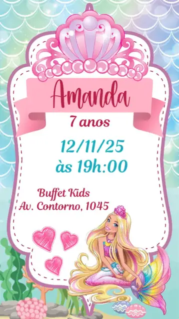 Convite Barbie para kids' birthday party with barbie theme. – tema kids' birthday party (colorful, feminine, magical, mermaid, fun, themed)