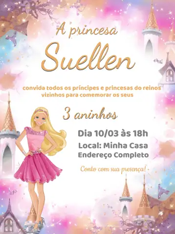Convite Barbie Castelo para aniversário infantil com tema de princesa. – tema aniversário (rosa, branco, princesa, castelo, brilhos, festa infantil)
