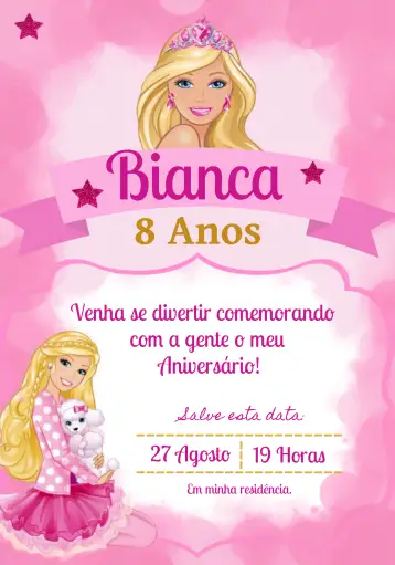 Convite Barbie Blanco para cumpleaños infantil con tema barbie. – tema más buscados (rosa, dorado, blanco, moderno, divertido, infantil)
