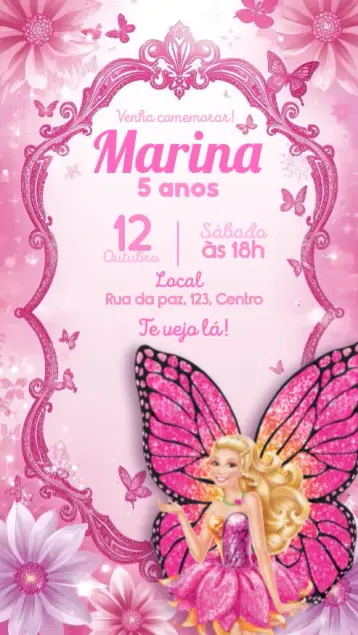 Convite Barbie butterfly Fada editável e personalizável