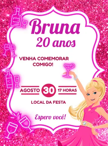 Convite Barbie Cachaceira Drinks para aniversário temático para adultos. – tema aniversário (rosa, glitter, moderno, divertido, temático, brilhante)