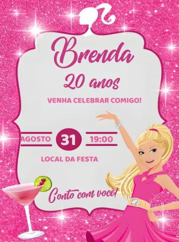 Convite Barbie Digital para aniversário de adultos e crianças com tema barbie. – tema aniversário (moderno, divertido, colorido, feminino, temático, elegante)