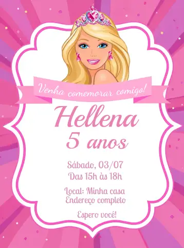 Convite Barbie Edit para children's birthday and themed parties. – tema most searched for (pink, white, fun, childish, modern, themed)