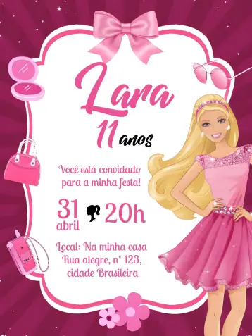 Convite Barbie Frame para aniversário infantil com tema barbie. – tema mais pesquisados (rosa, preto, divertido, temático, moderno, elegante)