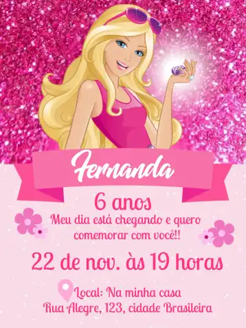 Convite Barbie Girl Rosa – tema Mais pesquisados rosa, brilho, divertido, feminino, moderno