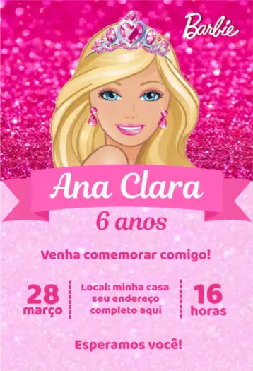 Convite Barbie Glitter para aniversário infantil. – tema aniversário infantil (rosa, brilho, cintilante, divertido, infantil, temático)