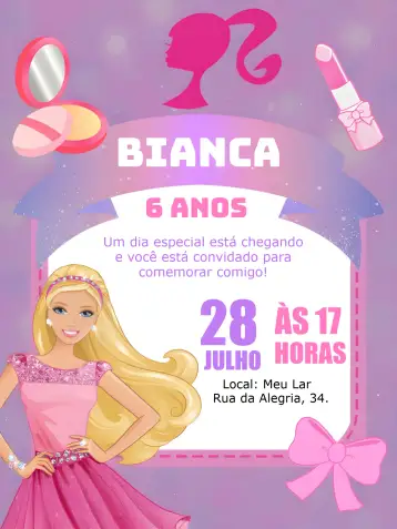 Convite Barbie Glitter Animado para aniversário infantil com tema da barbie. – tema mais pesquisados (rosa, brilho, feminino, divertido, colorido, infantil)