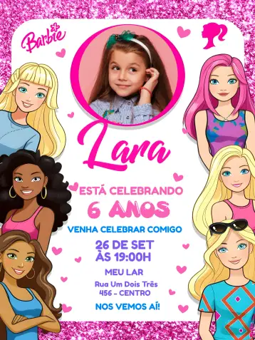 Convite Barbie Glitter Com Foto Menina para aniversário infantil da sua princesa. – tema mais pesquisados (rosa, glitter, princesa, infantil, moderno)