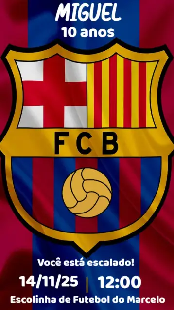 Convite Barcelona para cumpleaños con temática de fútbol, especialmente para seguidores del barcelona. – tema cumpleaños (fútbol, moderno, colorido, dinámico, deportivo, temático)