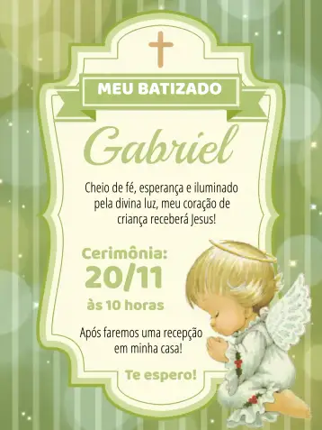 Convite Bautizo Angelito Verde Niño para bautizo de niño. – tema bautismo (infantil, verde, anjinho, delicado, colorido, alegre)
