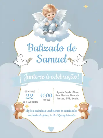 Convite Batizado para batizado de crianças e celebrações religiosas. – tema batizado (azul, minimalista, moderno, clássico, infantil, elegante)