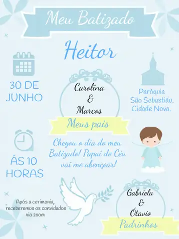 Convite Batizado Anjinho para batizado de crianças, uma celebração cheia de amor e fé. – tema batizado (azul, anjinho, delicado, infantil, moderno, minimalista)