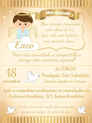Convite Angel Baptism para baptism for children and babies. – tema baptism (golden, white, minimalist, childish, angelic, classic)