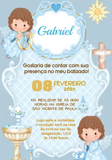 Convite Batizado Anjinho Harpa editável e personalizável