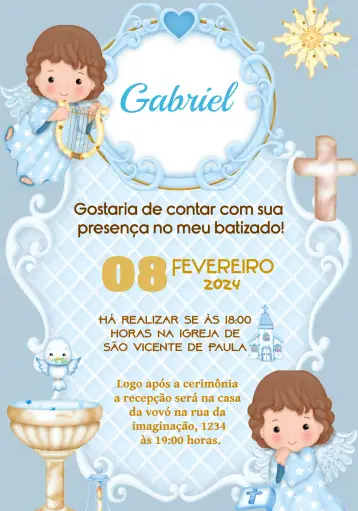 Convite Batizado Anjinho Harpa para batizado de menino, uma celebração cheia de amor e fé. – tema batizado (delicado, infantil, anjos, pastel, espiritual, moderno)