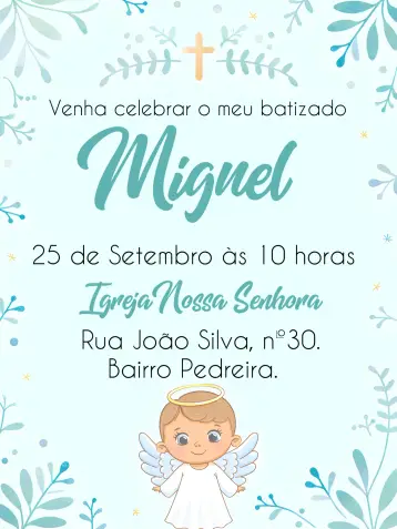 Convite Batizado Branco para ideal para celebrar o batizado de crianças. – tema batizado (delicado, minimalista, azul, branco, anjinhos, flores)