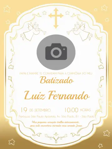 Convite Batizado Com Foto Cruz para batizado, uma celebração especial de fé e amor. – tema batizado (dourado, clássico, celestial, elegante, delicado)