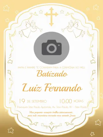Convite Batizado Com Foto Cruz para batizado, uma celebração especial de fé e amor. – tema batizado (dourado, clássico, celestial, elegante, delicado)