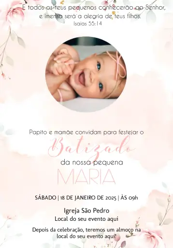 Convite Floral Baptism With Delicate Photo para baptism and first communion. – tema first communion (floral, delicate, romantic, soft, modern)