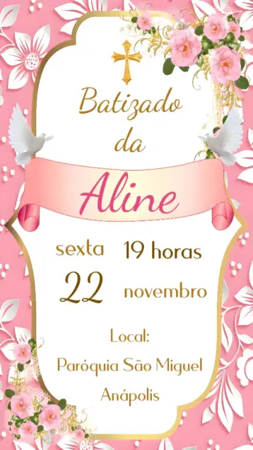 Convite Batizado Menina para batizado da menina. – tema batizado (pastel, floral, minimalista, dourado, romântico, elegante)