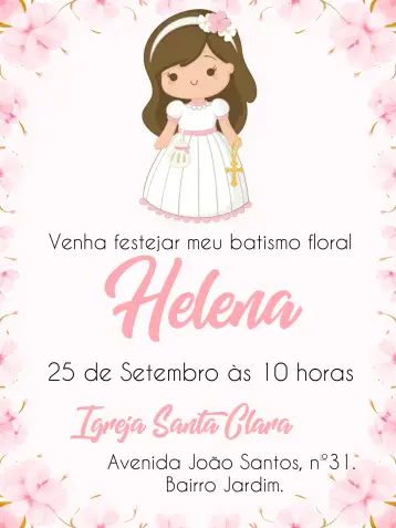 Convite Batizado Menina para batizado de menina. – tema batizado (floral, delicado, rosa, branco, anjinhos)