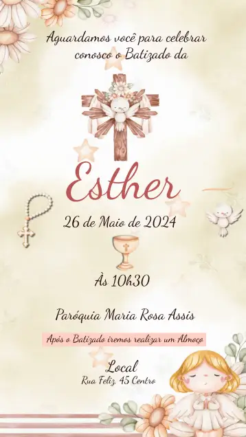 Convite Batizado Menina Anjinha para batizado de menina. – tema batizado (delicado, anjos, flores suaves, pastel, minimalista, gráfico sutil)