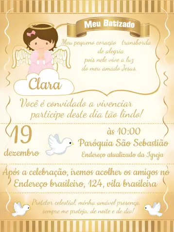 Convite Batizado Menina Branco para batizado de meninas, um momento especial e emocionante. – tema batizado (branco, rosa, dourado, anjinhos, oração, elegante)