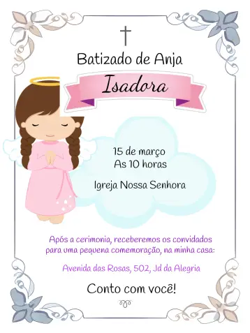 Invitación Bautizo Niña Rosa editable y personalizable