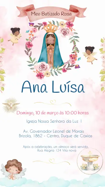 Convite Batizado Menina Rosa para batizado de meninas. – tema batizado (aquarela, rosa, delicado, infantil, religioso)