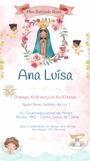 Convite Batizado Menina Rosa para batizado de meninas. – tema batizado (aquarela, rosa, delicado, infantil, religioso)