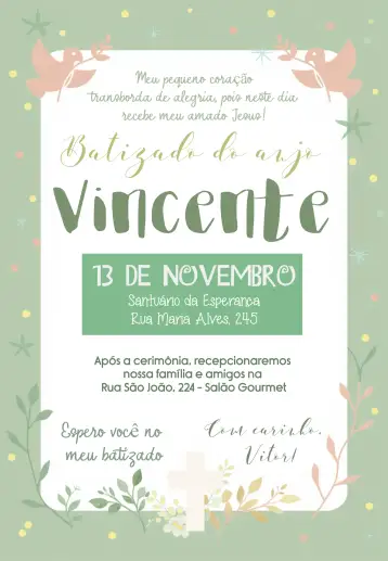 Convite Batizado Menino para batizado de menino e celebração da primeira comunhão. – tema primeira comunhão (verde, anjos, minimalista, católico, delicado, elegante)