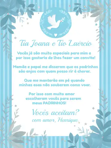 Convite Batizado Padrinhos Anjinho Religião editável e personalizável