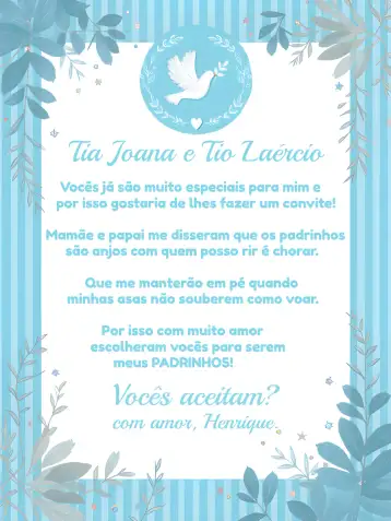 Convite Batizado Padrinhos Anjinho Religião editável e personalizável