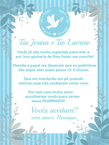 Convite Batizado Padrinhos Anjinho Religião para batizado de menino com padrinhos. – tema batizado (azul e branco, anjinho, religioso, delicado, moderno, infantil)