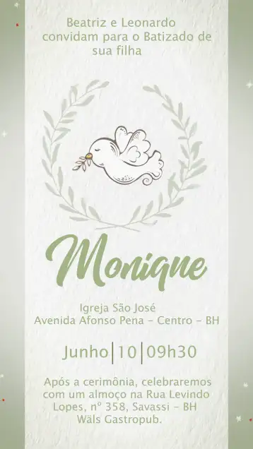 Convite Batizado Passarinho Batismo editável e personalizável