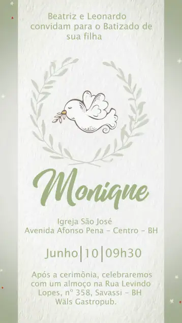Convite Batizado Passarinho Batismo para batizado de crianças e bebês. – tema batizado (passarinho, verde, oliva, minimalista, infantil, delicado)