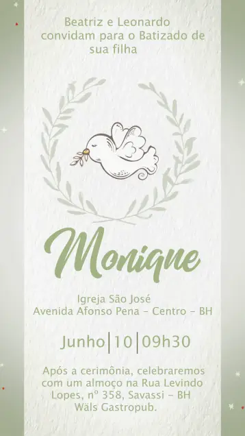 Convite Batizado Passarinho Batismo para batizado de crianças e bebês. – tema batizado (passarinho, verde, oliva, minimalista, infantil, delicado)