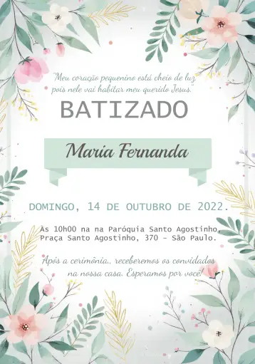 Convite Bautizo Rosa para bautizo de niños y bebés. – tema bautismo (floral, suave, moderno, elegante, pastel, delicado)