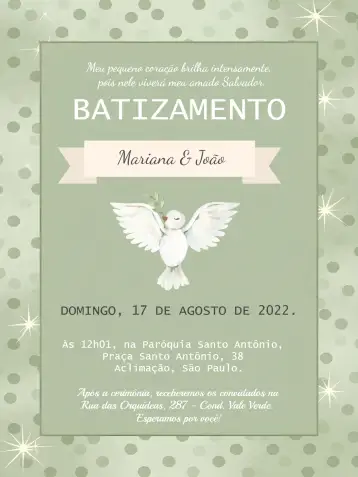 Convite Batizado Verde para batizado de crianças e bebês. – tema batizado (verde, minimalista, moderno, delicado, alegre)