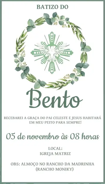 Convite Batizado Verde Batismo para batizado do menino em cerimônia religiosa. – tema batizado (verde, moderno, delicado, minimalista, igreja, natureza)