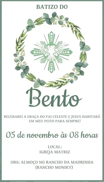 Convite Batizado Verde Batismo para batizado do menino em cerimônia religiosa. – tema batizado (verde, moderno, delicado, minimalista, igreja, natureza)