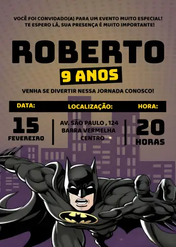 Convite Batman Batman para kids birthday with superheroes theme. – tema most searched for (yellow, black, superheroes, adventure, children's, modern)