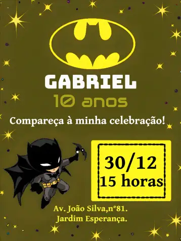Convite Batman Preto para aniversário temático inspirado no batman. – tema aniversário (preto, amarelo, branco, moderno, temática de super-heróis, minimalista)