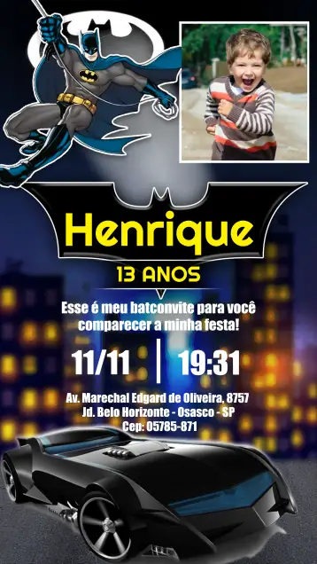 Convite Batman Com Foto Homem para aniversário infantil – tema aniversário infantil (azul, amarelo, preto, moderno, temático, colorido)