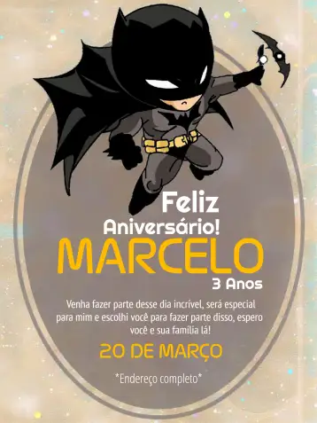 Convite Cómics de Batman para cumpleaños infantil con temática de superhéroes. – tema más buscados (colores vibrantes, estilo cómic, elementos gráficos de Batman, diseño moderno, temática de superhéroes)