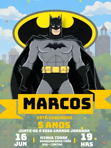 Convite Batman Dc para aniversário infantil temático do batman. – tema mais pesquisados (colorido, moderno, super-herói, urbano, divertido)