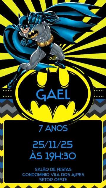 Convite Batman para aniversário infantil com tema de super-heróis. – tema aniversário infantil (super-heróis, vibrante, quadrinhos, moderno, colorido)